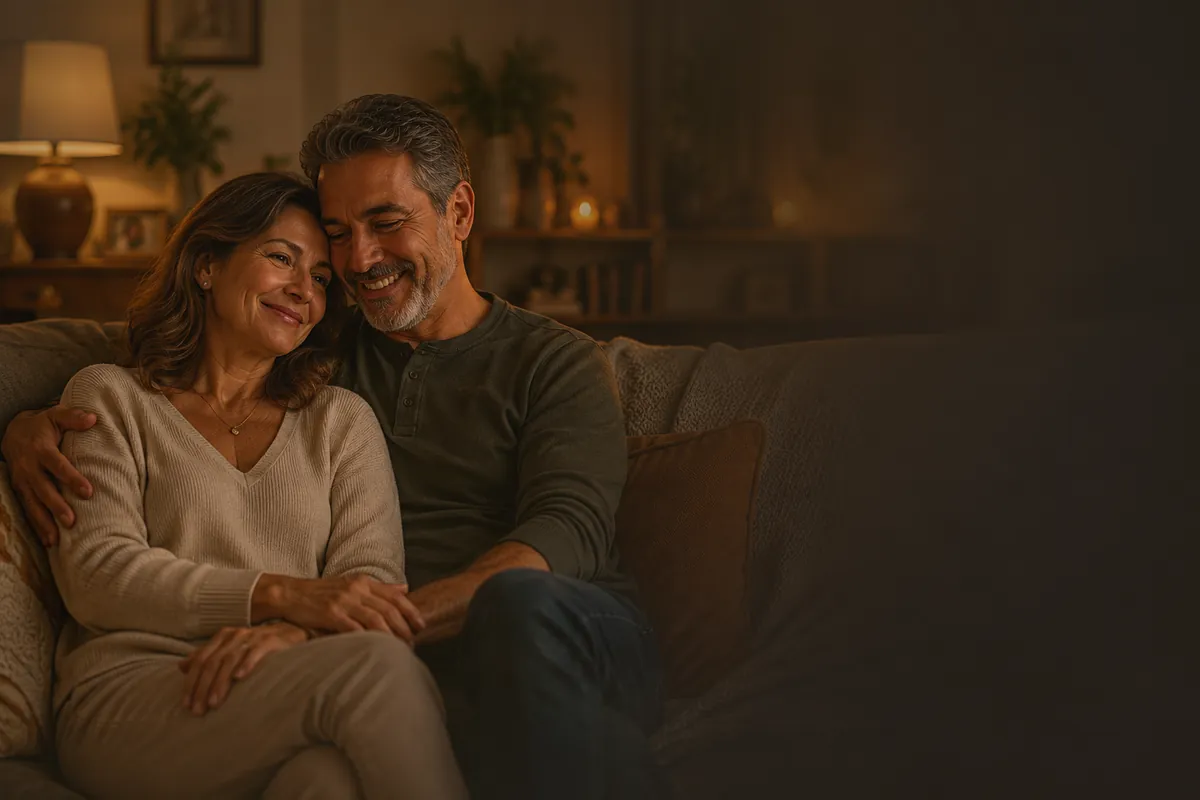 Casal maduro sorrindo em ambiente acolhedor