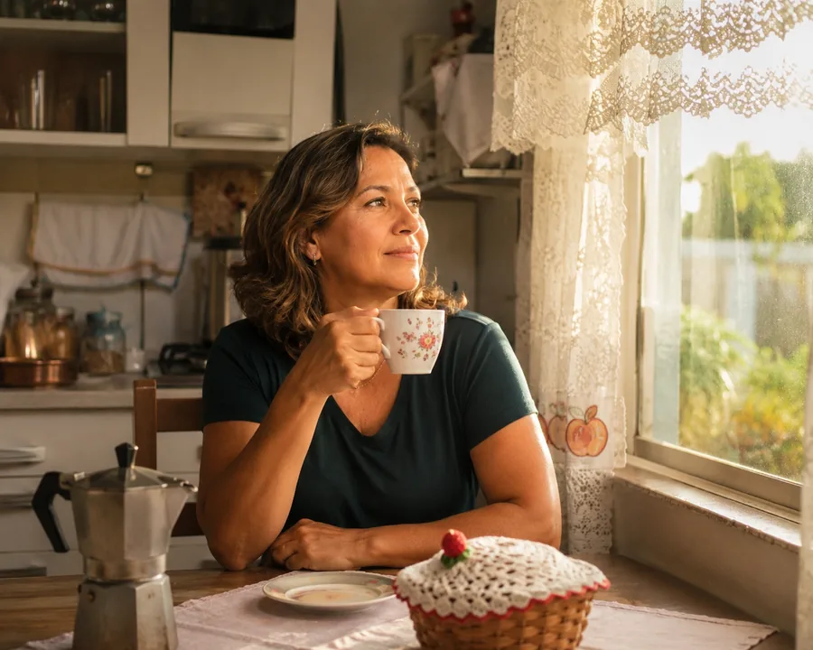 Mulher brasileira em momento tranquilo de manhã, tomando café e olhando pela janela